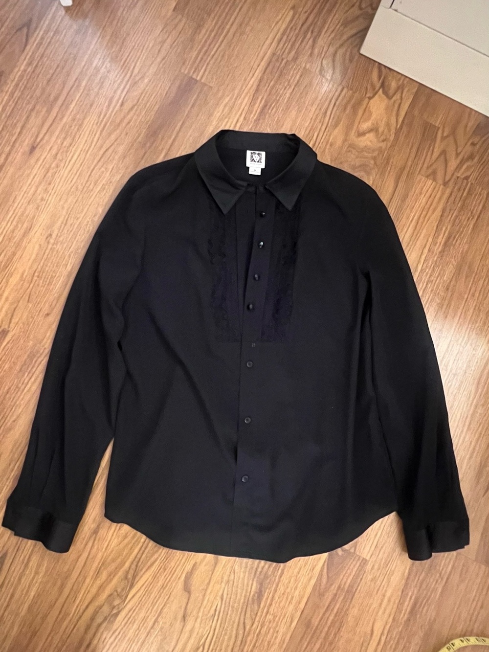 Anne Klein Black Long-Sleeve Button Shirt with Lace Placket